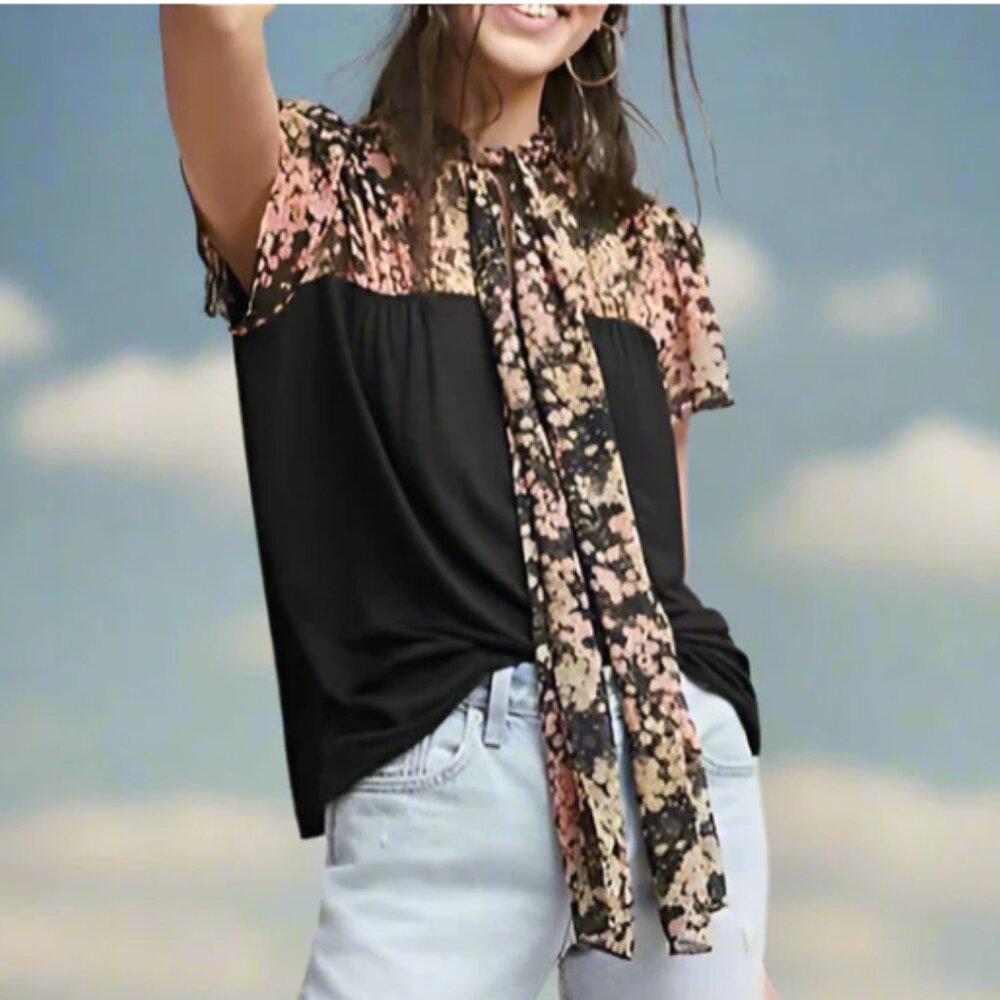 Anthropologie Floral Blouse Womens XS Black Short Sleeve Tie Neck Jersey Top